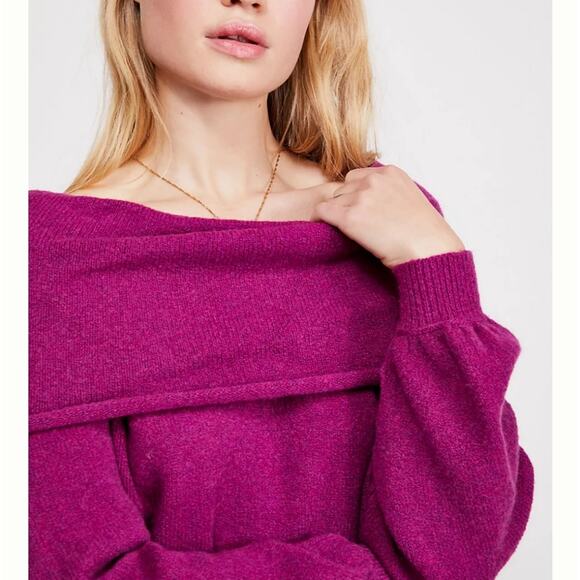 Free People Echo Beach Cowl Neck Sweater Fuchsia Wool Blend Off Shoulder XS - Picture 3 of 14